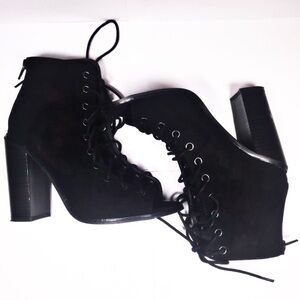 Olivia James | Black Faux Suede Open Toe Booties 7